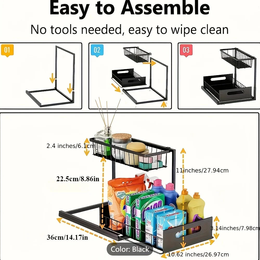 Under Sink Sliding Drawer Organizer - Metal Storage Rack with Pull-Out Shelves - Multi-Room Kitchen Bathroom Cabinet Organizer
