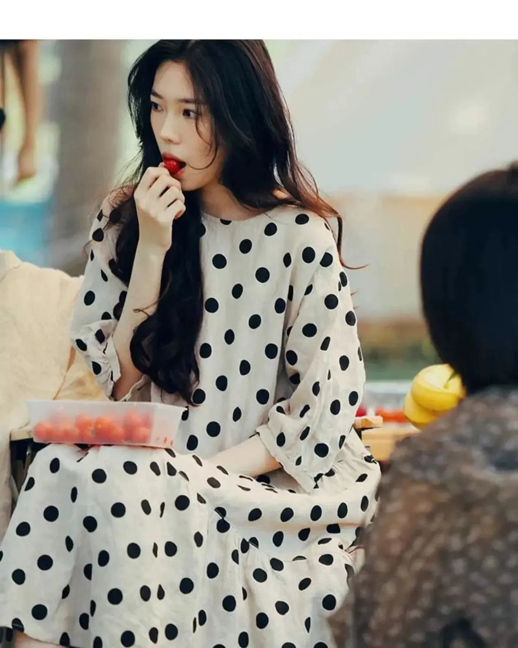 Fashion Retro Cotton and Linen Polka Dot Dress for Women Loose Slim Puff Sleeve Linen Doll Skirt