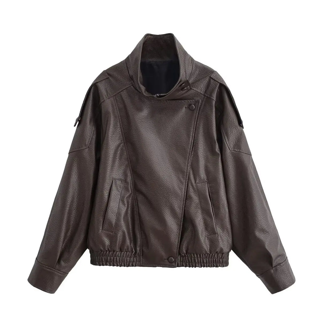 HH Autumn Faux Leather Jacket For Women Casual Solid Long Sleeve Zipper Pu Leather Coats New Fashion Female Streetwear