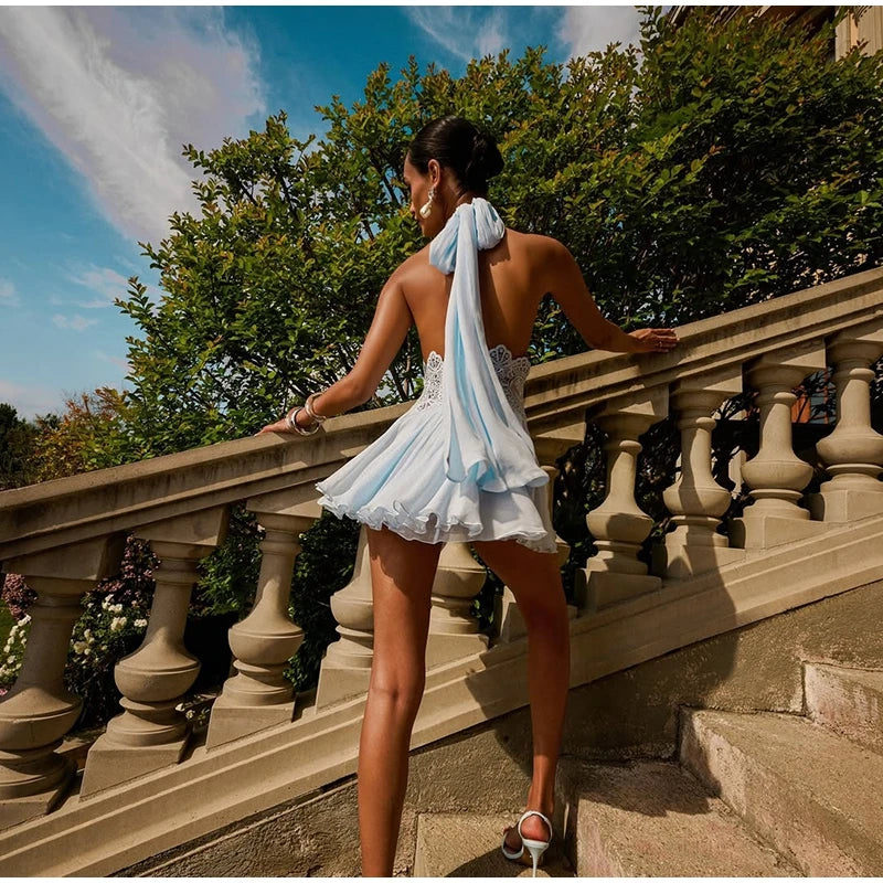 Sexy Hollow Out Solid Women Min Dress Beach Pleated Lace Up Backless Sleeveless Female Dresses 2026 Summer Lady Robe New