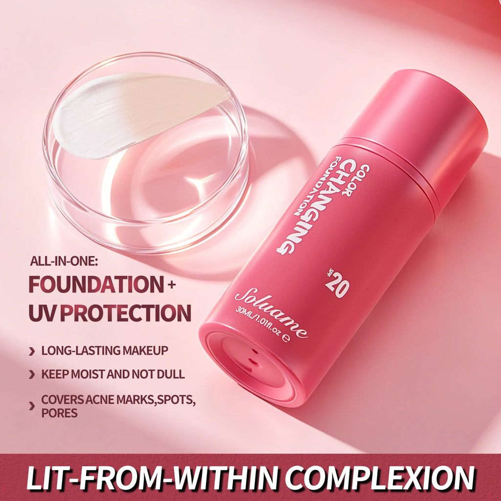 Color Changing Foundation Spf 20 Sunscreen Face Makeup, 30ml, Flawless Coverage Self-Adjusting Liquid Foundation for Natural Look