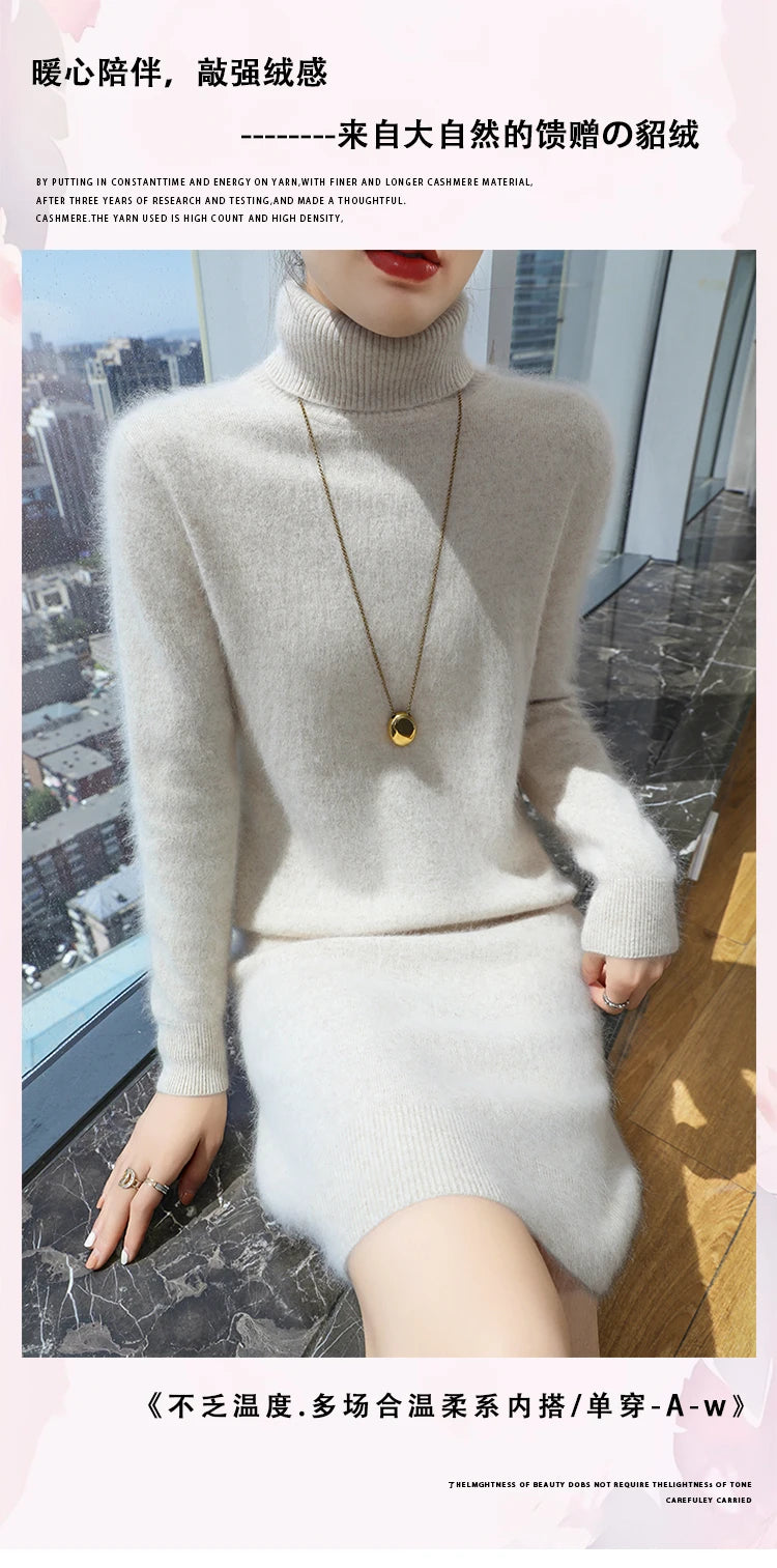 New Hot Selling 100% Mink Cashmere Knitted Women's High Neck Pullover Dress Sweater Slim Fit Solid Color Long Women's Dress