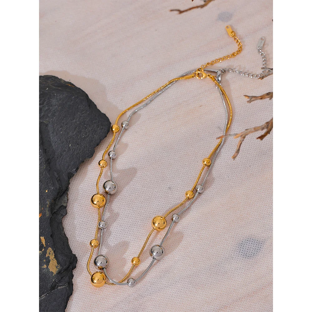Yhpup High Quality Stainless Steel Round Beads Chain Statement Necklace for Women 18K PVD Plated Stylish Jewelry Rust Proof