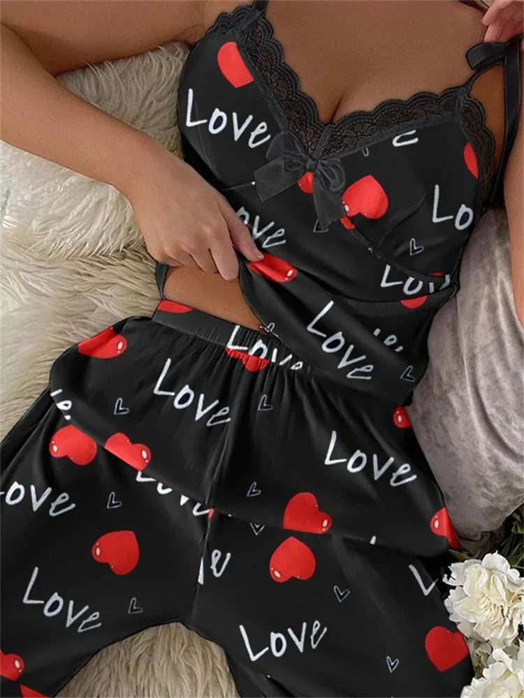 Summer Two-pieces Pajama Set for Women's Sleepwear V-neck Soft Fabric Leopard Print Tops and Long Pants Set Loungewear
