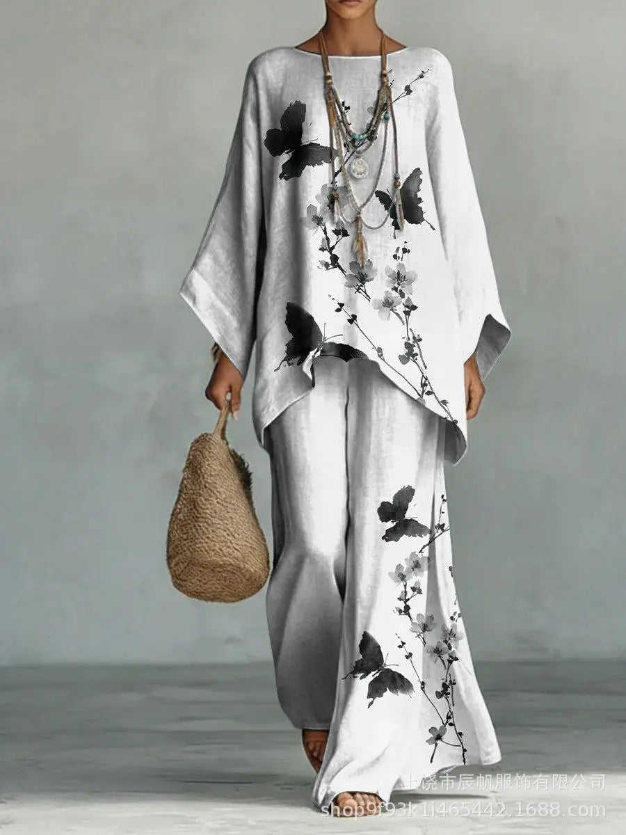 Bohemian Foreign Style Printed Women's Two-piece Set Spring Fashion O-neck Loose Top+wide Leg Pants Suit Ladies Office Outfit