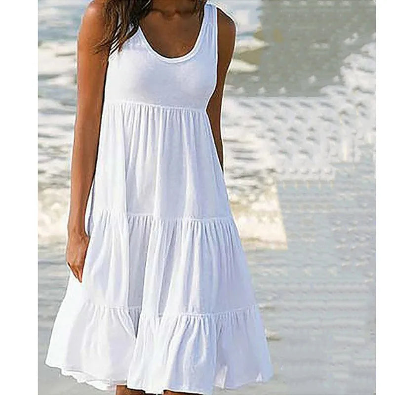 Bohemian Women's Casual O Neck Sleeveless Ruffle Mini Dress Solid Color Beach Tank Top Oversized Loose Dress Plus Size Women3029