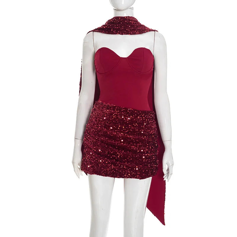 Pleated Slim Bodycon Dress Women Strapless Mini 2026 Spring Summer Dress Sequin Evening Nightclub Sexy Party Dresses