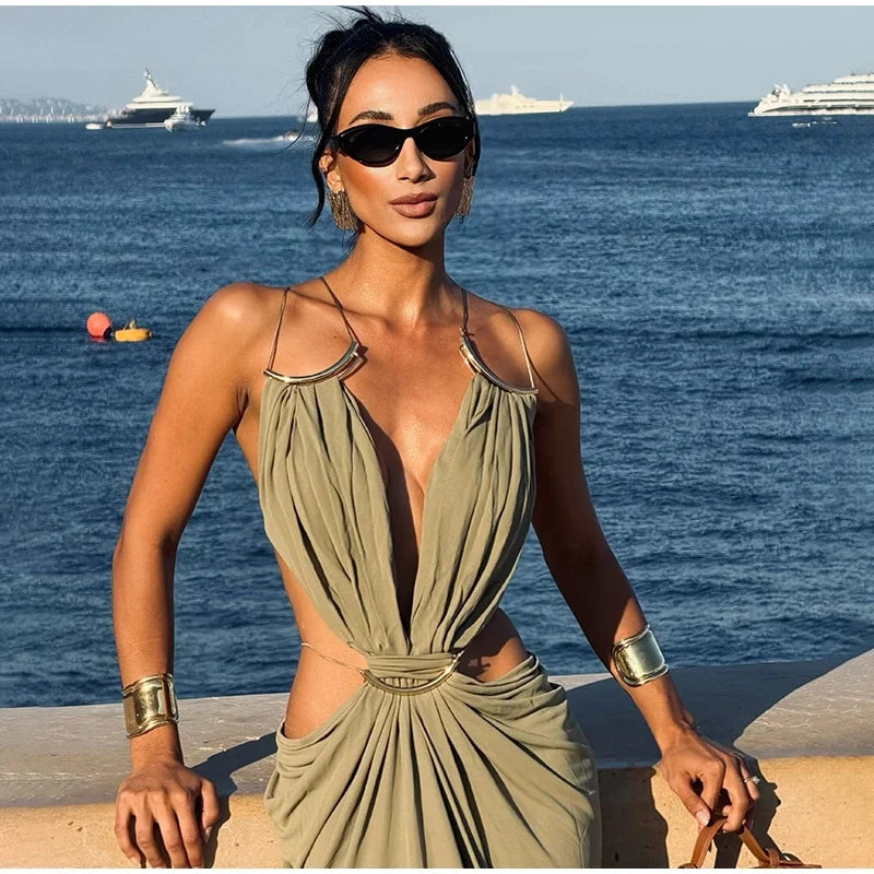 Sexy Hallow Out Long Party Dress Women Slim Sleeveless Backless Chic Pleated V-neck Ring Dresses Female 2026 Summer Lady Robe