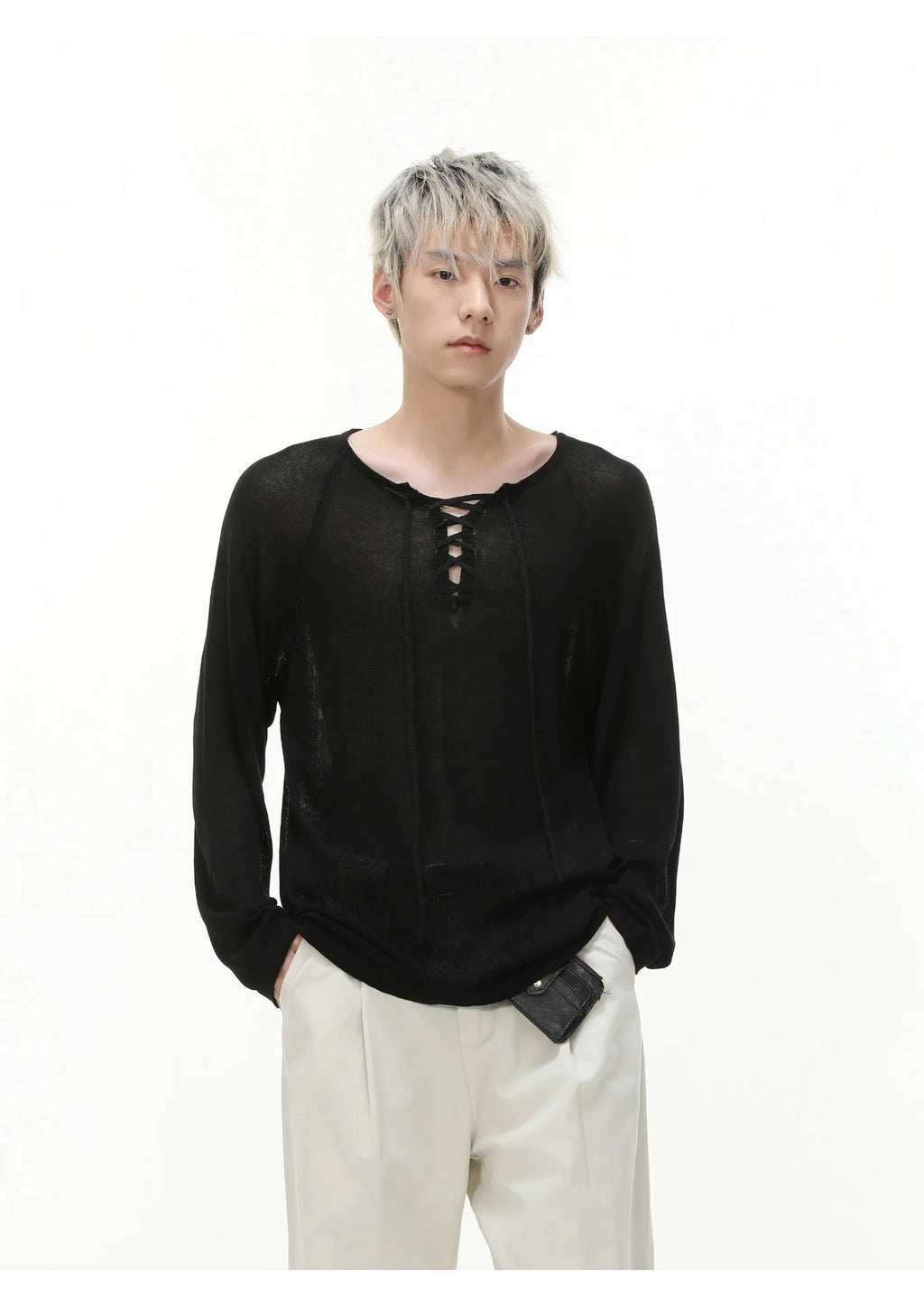IEFB Niche Design Men's Tees Long Sleeved Round Collar Lace-up Solid Color Simple Tops Loose Pullover Male Tees Autumn 9X533