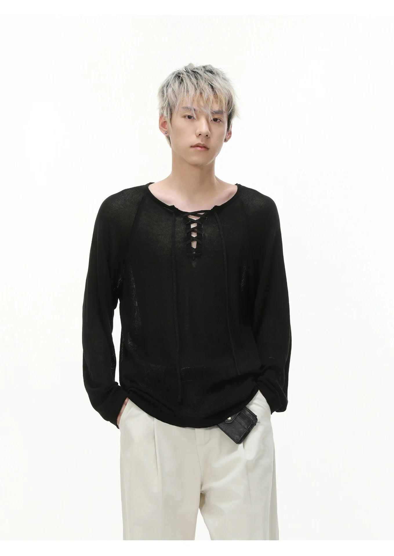 IEFB Niche Design Men's Tees Long Sleeved Round Collar Lace-up Solid Color Simple Tops Loose Pullover Male Tees Autumn 9X533