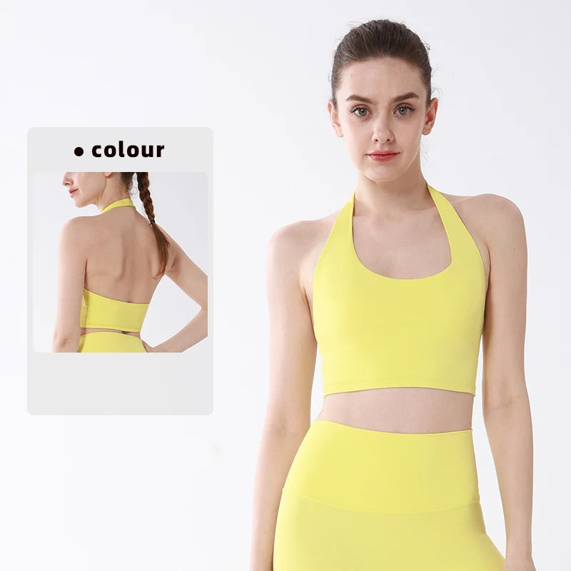Sports Top Women Sexy Hanging Neck Yoga Bra High Intensity Shockproof Fixed Chest Pad Running Fitness Outdoor Leisure Yoga Vest