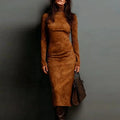 Retro Solid Suede Slim Fit Long Dresses Woman Fall Turtleneck High Waist Party Dress Winter Long Sleeve Pullover Female Clothing