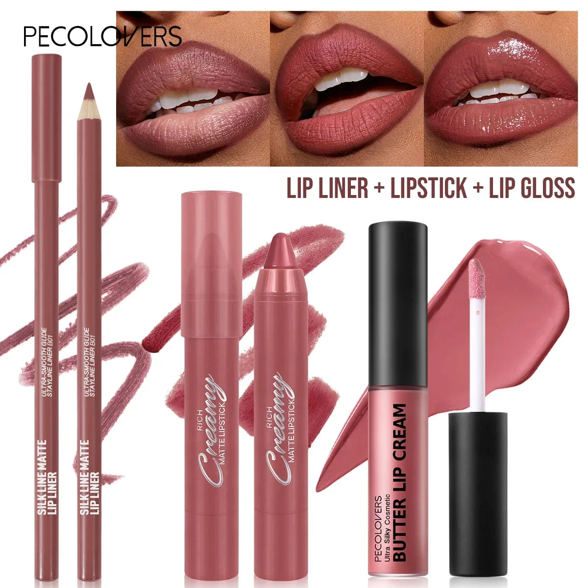 3PCS/SET Long-Lasting Non-Stick lipstick pen&Waterproof Lipliner Pencil & Long-Lasting   Lip Oil Lip Gloss,Beginner-Friendly