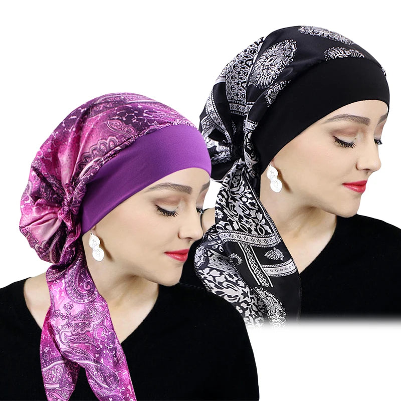 Printed Pre-tie Headscarf Women Elastic Muslim Female Turban Cancer Chemo Hat Hair Loss Cover Head Wrap Headwear Stretch Bandana