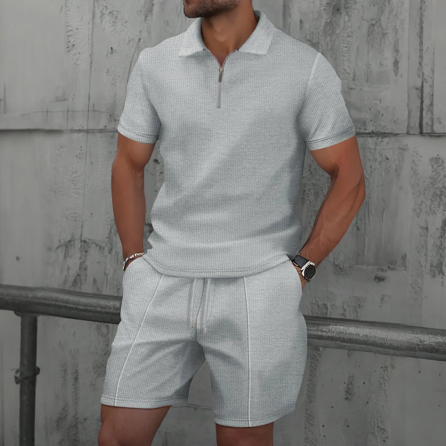 2025 Summer Solid Color Zipper Short Sleeve Set Shorts Two Piece Set Men's Wear