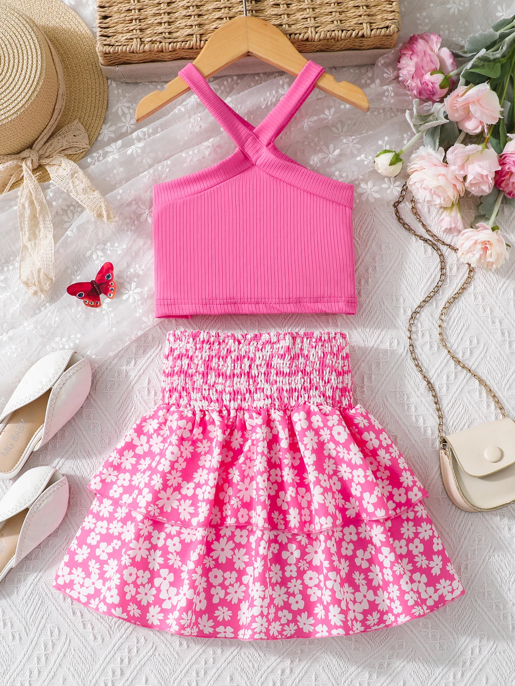 2024 new summer two-piece children's pink off shoulder top+floral skirt for leisure and entertainment clothing