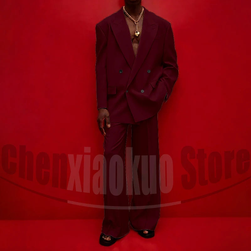 Men's Double Breasted Suit Set Oversized Blazer and Wide-Leg Trousers Fashion Casual Formal Outfits for Streetwear Party