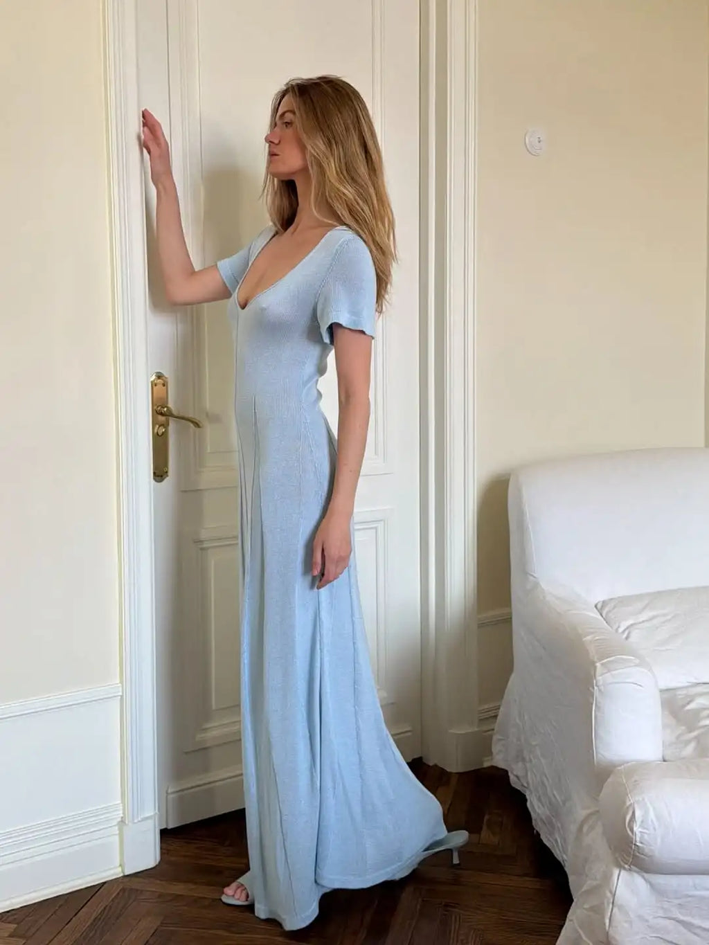 TARUXY Spring Summer Short-Sleeved Knitted Dress Women Solid V-Neck Slit Long Dress Slim Sexy Commuting Leisure Dress Female New