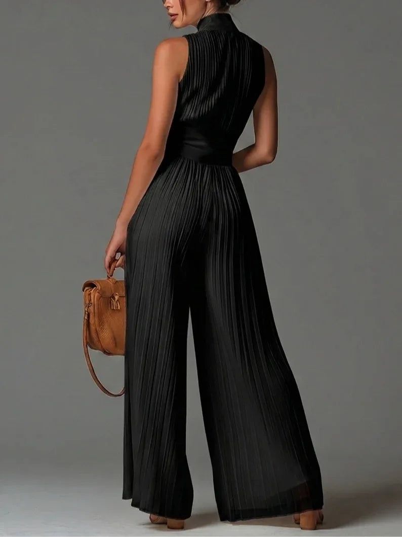 White Pleated Neck Women's Jumpsuit Long Wide Leg Fashionable Sexy Pleated