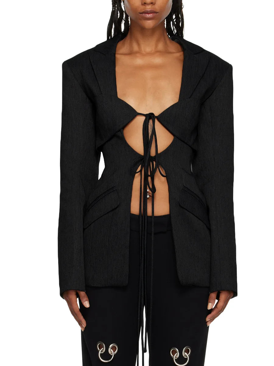 gestring Women Blazer 2025 Spring Fashion Hollow Out Lace Up Sexy Long Sleeve Ladies Black Blazer Coat Women's Slim Suit Jacket
