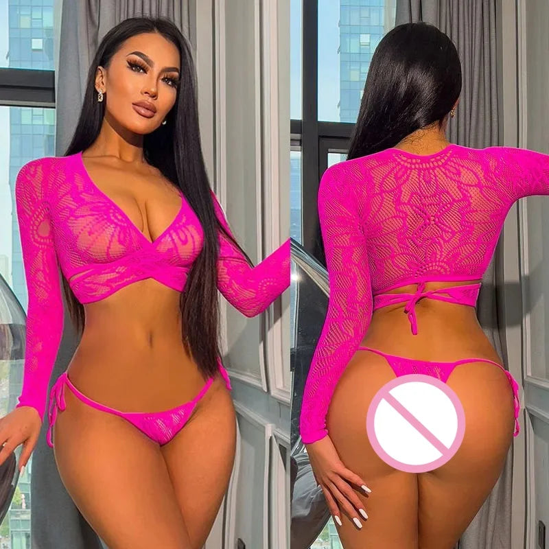 Sexy Lingerie Set Mesh for Adults intimate with Strap Hollow out Three-Point Bikini Shortie Top Bottoms Tie-Detail Nightgown