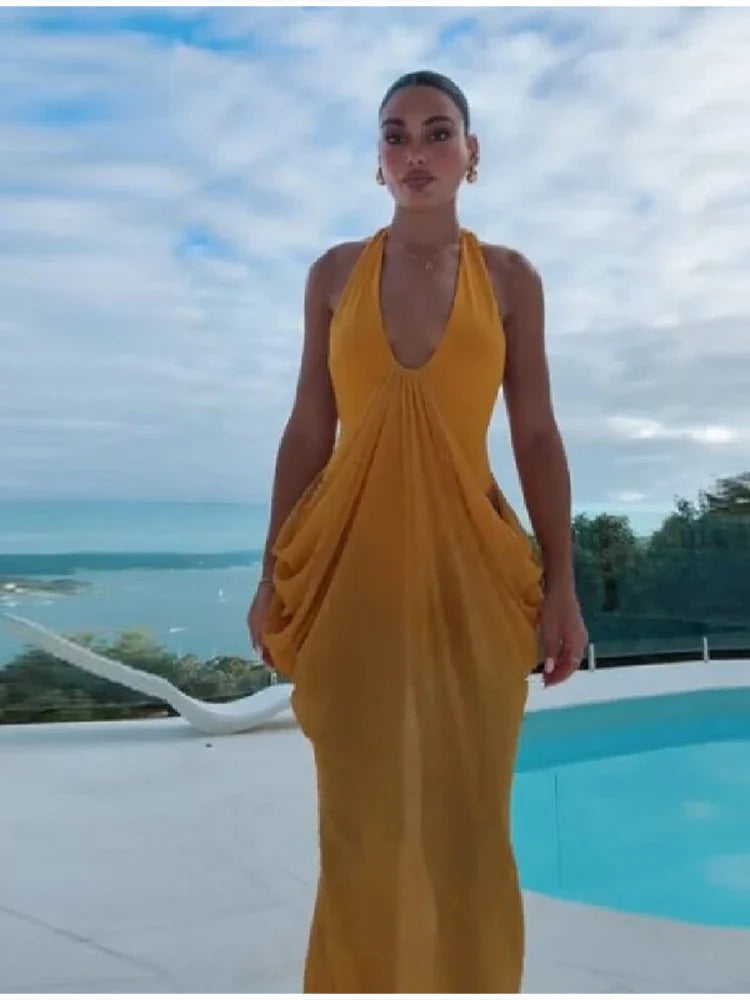 Chic Bohemian Yellow Dress Draped Chiffon Vintage Women Dresses Party Summer Vacation Beach Trendy Streetwear