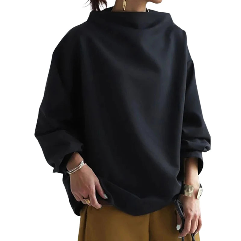 UOOZEE Women Fashion Black Solid Color High-Neck T-Shirts 2025 Spring Autumn Long Sleeves Loose Casual Daily Simple Tops