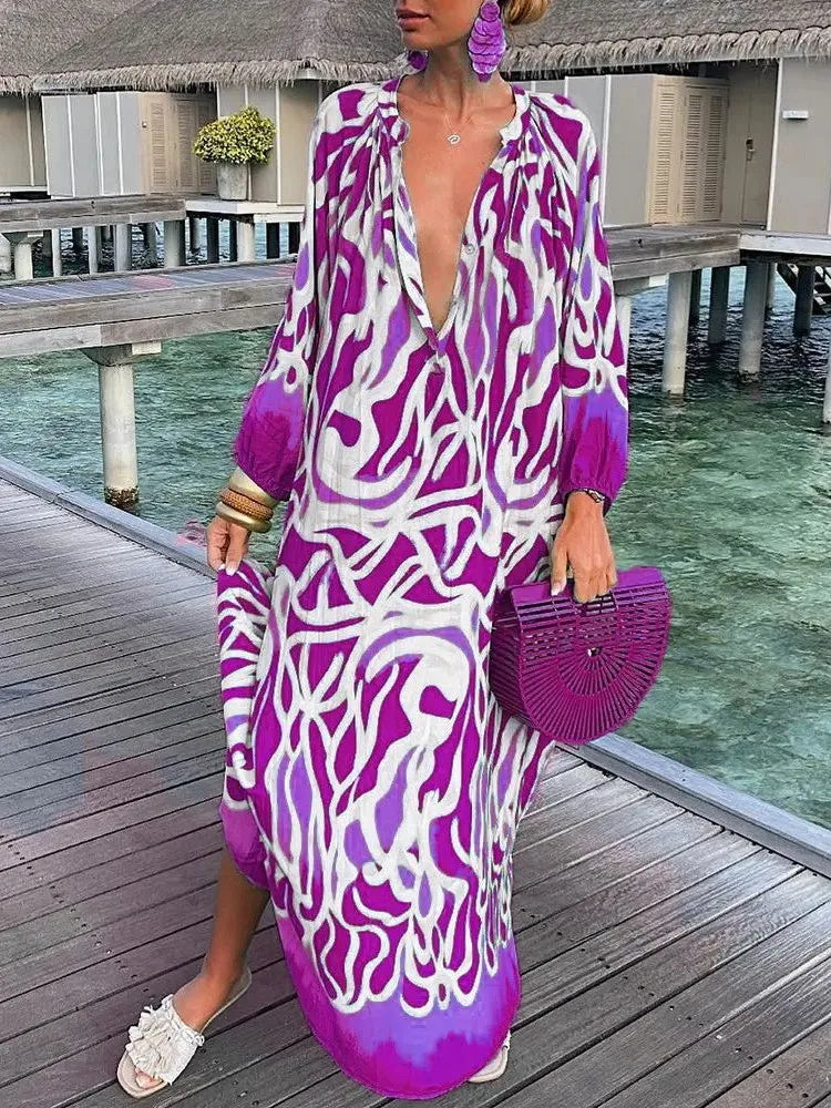 Autumn Women's Print Casual Dress New Fashion V-neck Long Sleeve Loose Holiday Party Long Dresses For Women Robe Femme 2024