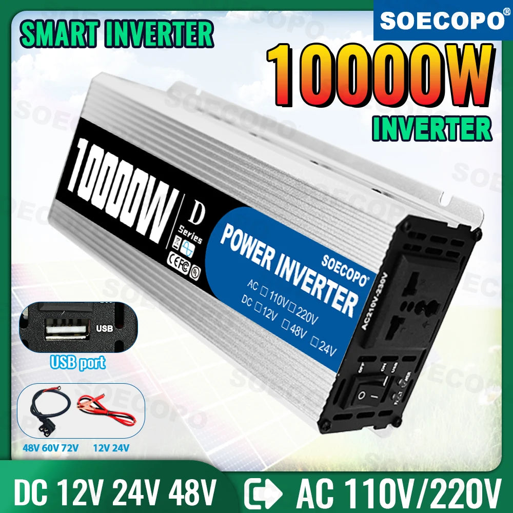 10000W Inverter 12v24v48V DC to 220VAC for Microwave/Drill/Medical Equipment Overload Alarm Construction/Truck/Farm Off-Grid Use