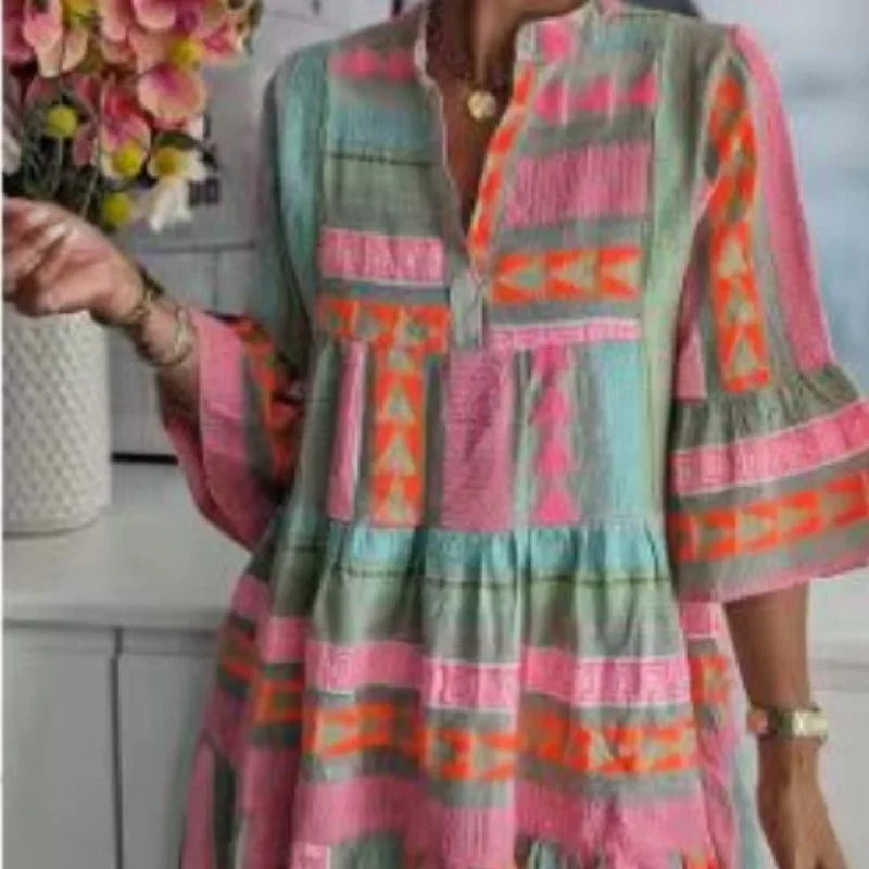 UNITIM Summer Women Dresses Flax Cotton Linen Dress V Neck Three Quarter Sleeve Pullover Dress Lady Vacation Robe Print Vestidos