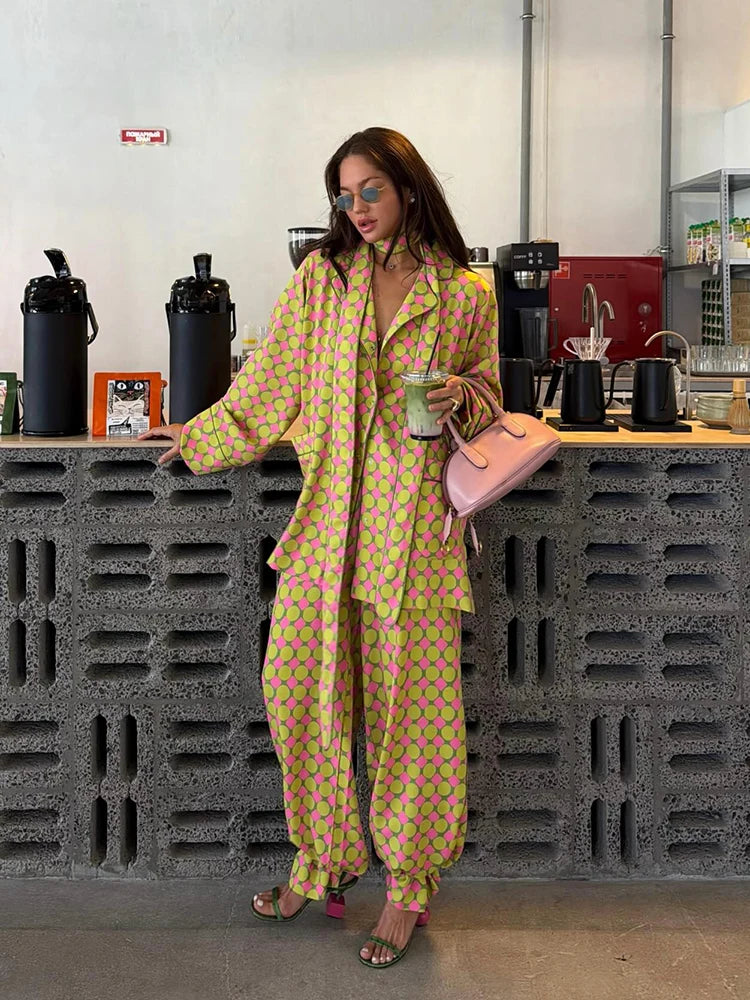 Vintage Polka Dot Women's Pants Sets 2 Pieces Tie Lapel Full Sleeve Blouses Loose Wide Leg Pant 2026 Autumn Lady Vacation Suits