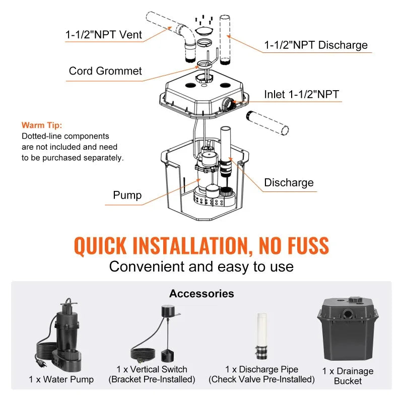 Utility Sink Pump 1/3HP 1/2HP 120V Under-Sink Sump Pump System with 6 Gallon Basin Automatic Utility/Laundry Drain