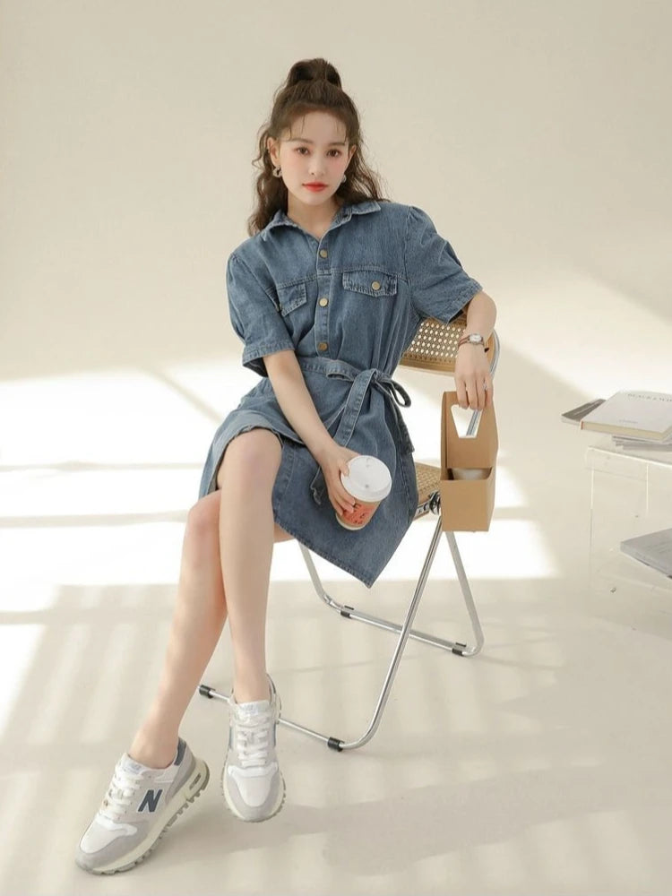 2026 Summer New Slimming Short Sleeve Midi Denim Dress Stylish Trendy Waist Cinching Women's Popular Wear