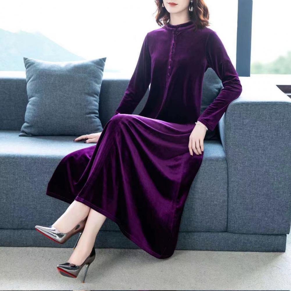 Women Fall Dress Solid Color Loose Long Sleeves Button Maxi Dress Keep Warm Velvet Mom Spring Dress Women Clothes