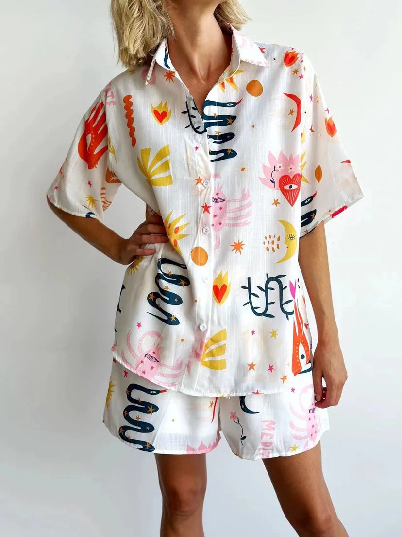 Women Summer Fashion Shorts Sets Retro Print Sleeve Shirt Shorts Suit New Casual Loose Female Beach Vacation Shorts 2 Piece Set