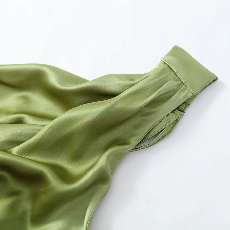 Women Satin One Shoulder Cutout Maxi Dress Elegant Green Ruched Mermaid Slim Fit Flowy Vestido 2026 Lady Summer Evening Dresses