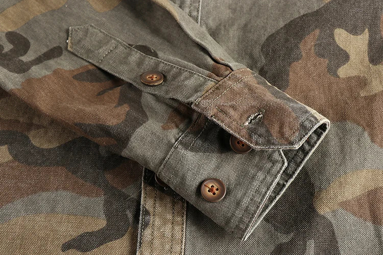 2024 Autumn and Winter New American Retro Woven Camouflage Cargo Shirt Men's 100% Cotton Washed Old Double Pockets Thin Jacket