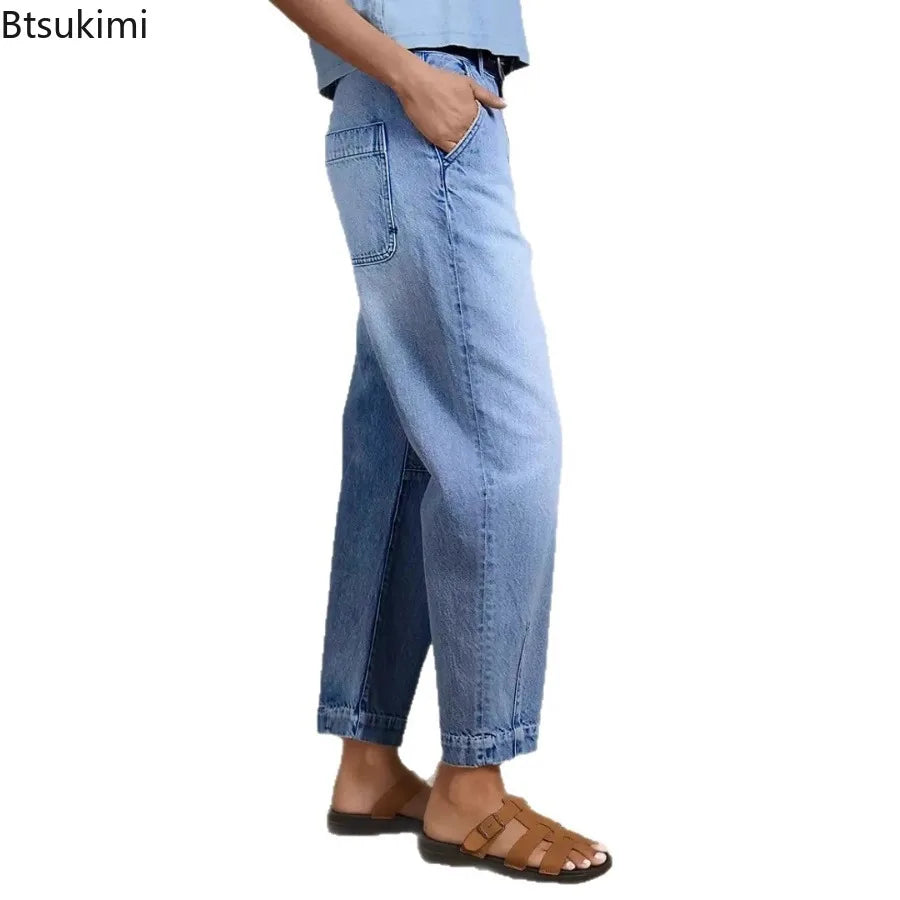 New Women High Waist Loose Straight‑Leg Cropped Jeans Washed Vintage Denim Ankle Pants Casual Daily Streetwear Denim Trousers