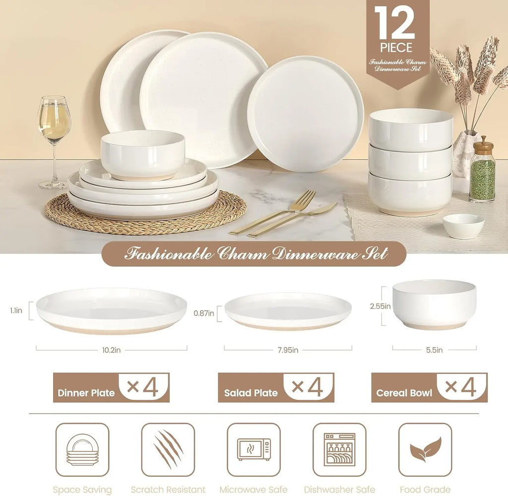 12-Piece Cream White Dinnerware Set for 4, Ceramic Plates & Bowls, Microwave & Dishwasher Safe