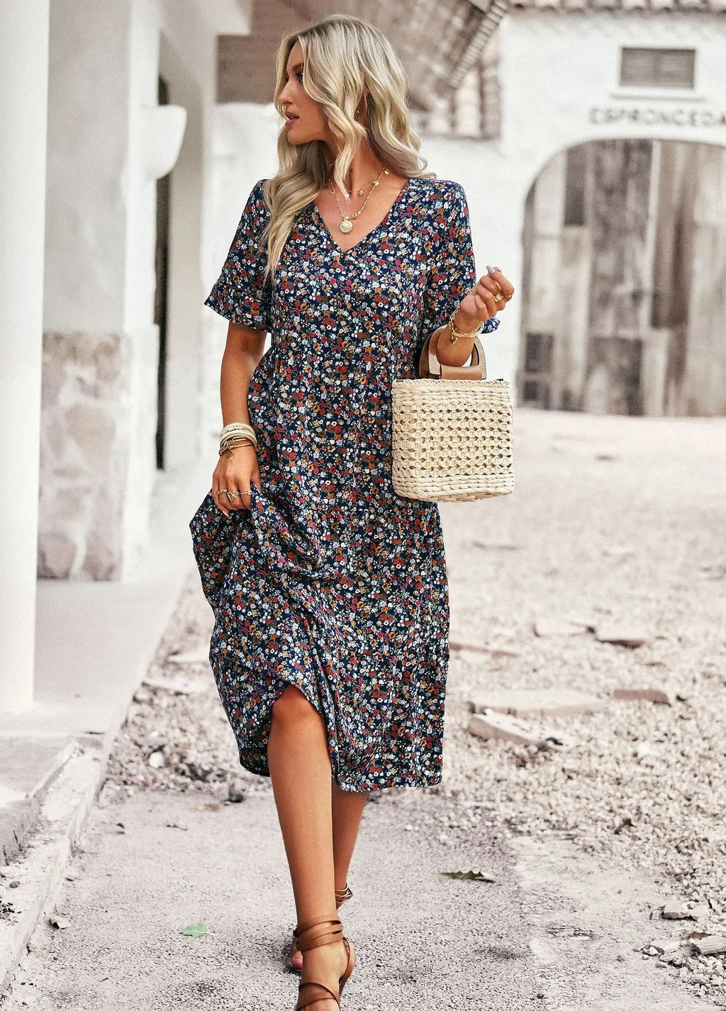 Msfilia Fashion V Neck Elegant Printed Dress Women Summer Short Sleeve High Waist A Line Floral Holiday Dresses