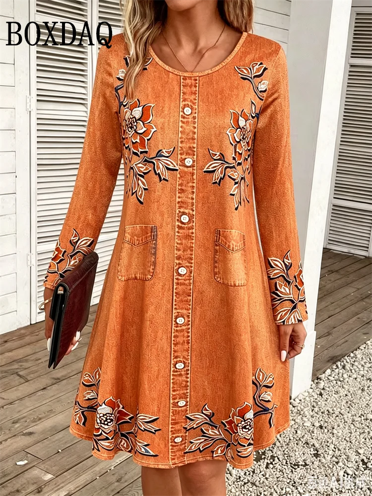 2026 Women's Casual Floral Imitation Denim 3D Print Dress Fashion Round Neck Autumn Loose A-Line Dress Long Sleeve Women's Dress