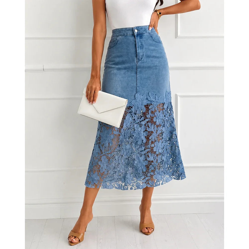 Women Light Wash Denim Midi Skirt High Waist Floral Hollow Lace Patchwork Split Hem A Line Long Jean Skirt Summer Casual