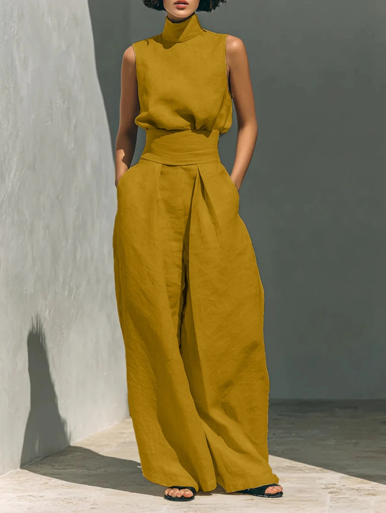 New Women's Solid Color 2 Piece Sets Sleeveless High Neck Tops+High Waist Wide Leg Pants Casual Minimalist Female Summer Outfits