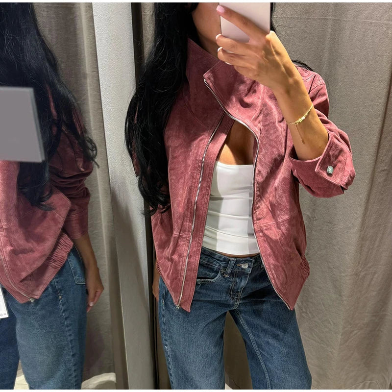 Faux Suede Women Winter Jacket Belted Waist Autumn Coat Stand Collar Short Jacket Cargo Jacket Daily Commute Wear Street Style