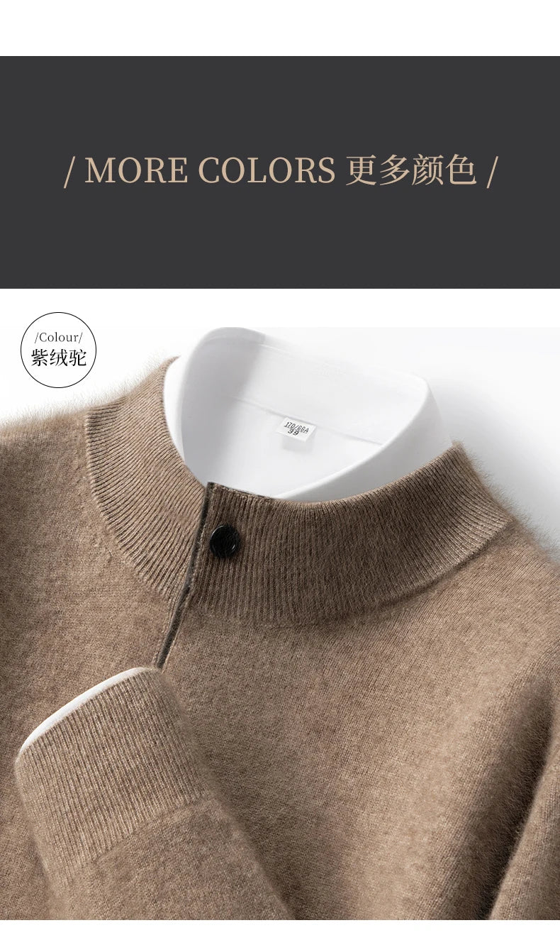 Autumn Winter New Men's Half High Collar Pullover 100% Cashmere Knitted Sweater Casual Business Solid Color Long Sleeve Clothing