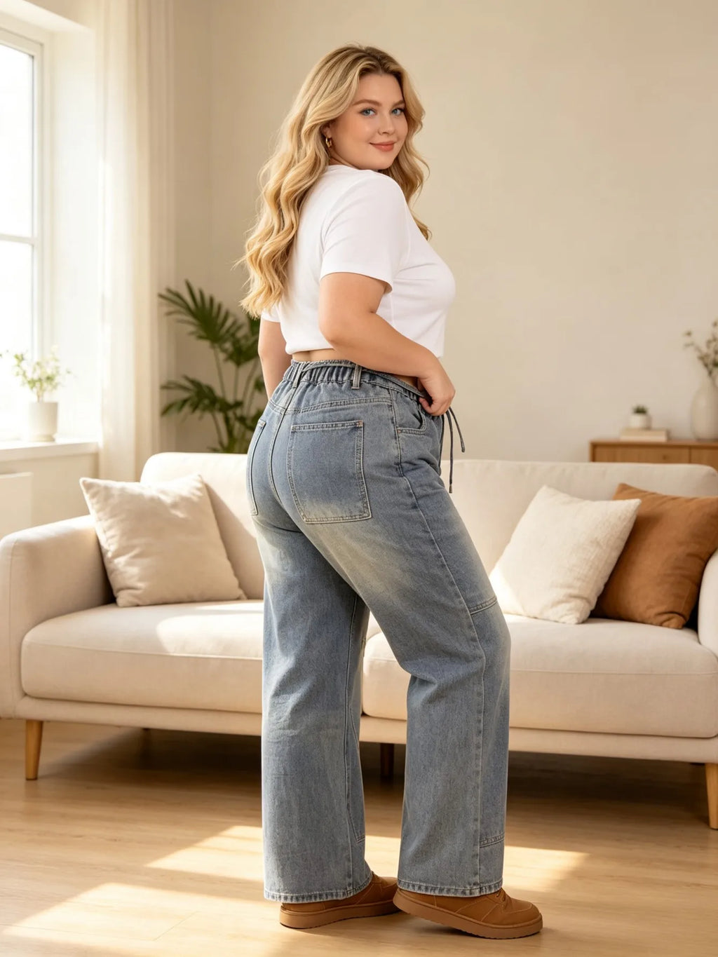 【HME】Jeans | Drawstring Elastic High Waist Denim Pants, Cargo Patch Pockets With Contrast Stitching Wide Leg Denim, Light Wash Vintage Fabric, Relaxed Fit Flattering Pants For Women Daily Commute & Streetwear
