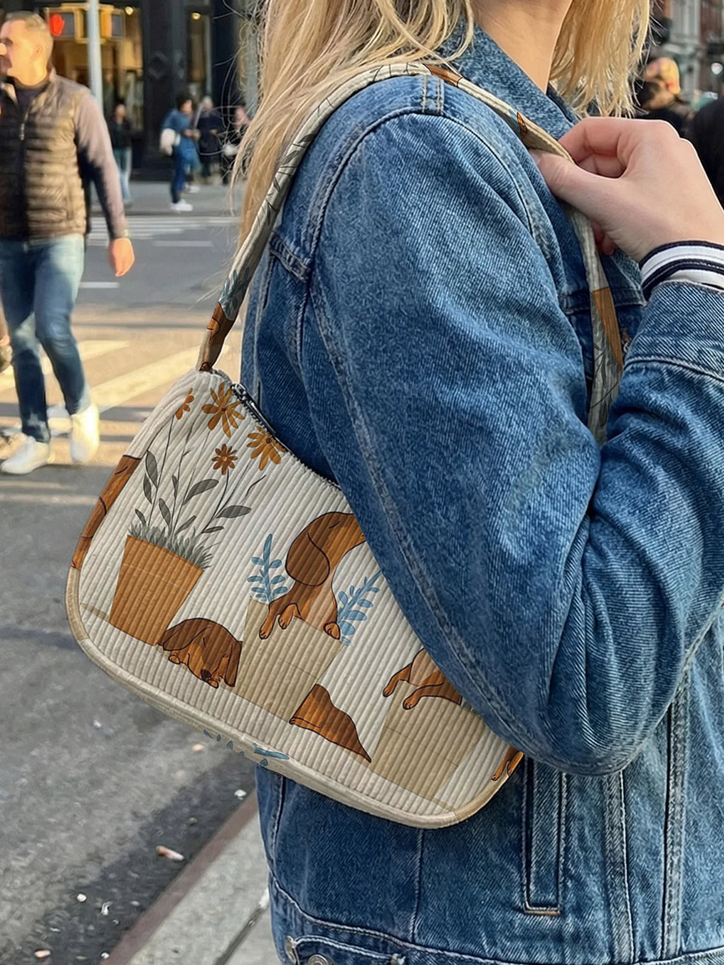 Trendy Dachshund & Floral Print Shoulder Bag, Beige Corduroy Underarm Bag for Daily Casual Use