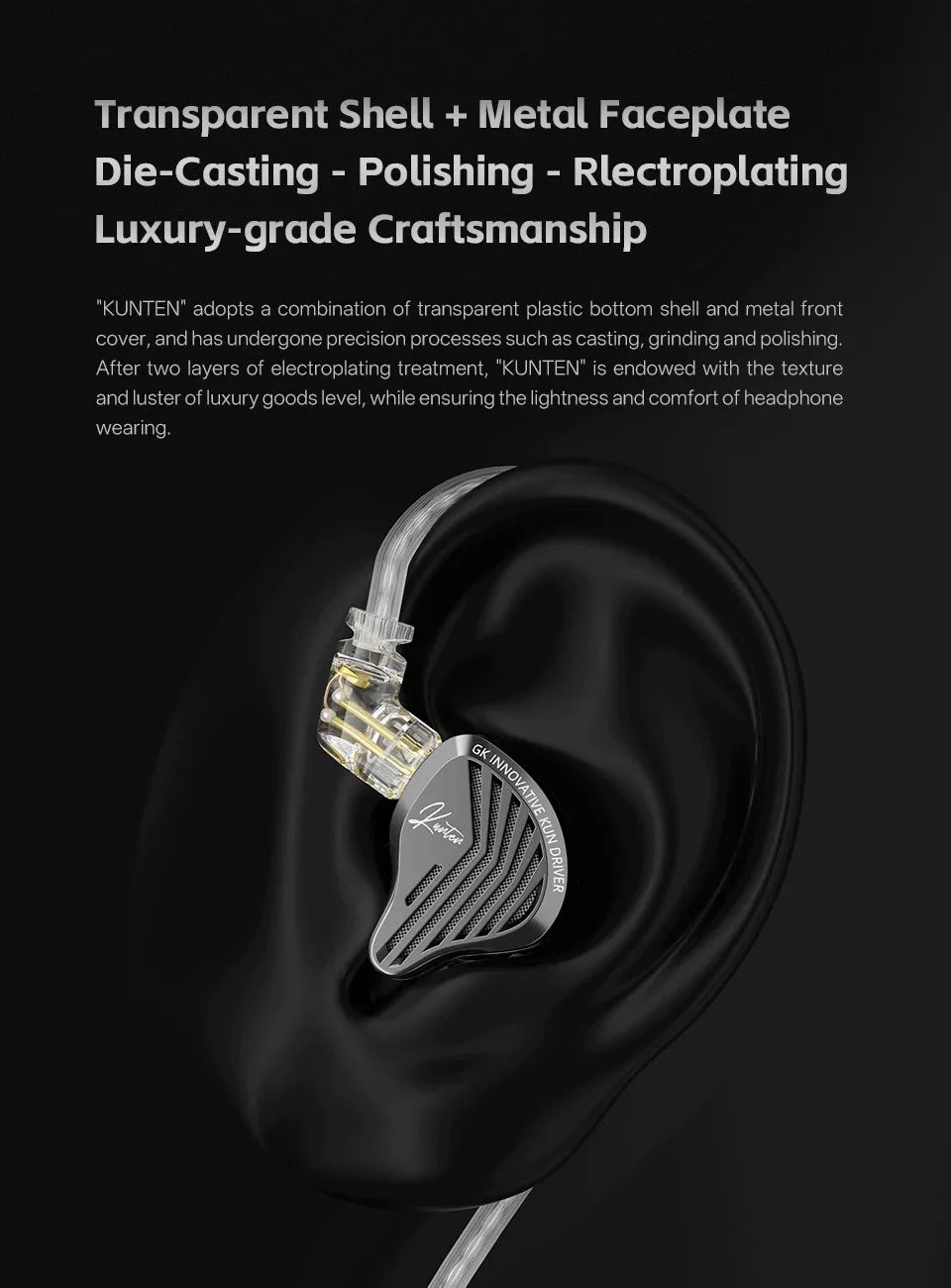 Gk Kunten 1DD Dynamic Drive Earphone Hifi IEMs In Ear Earbuds 2pin Detachable Cable Metal Gamer Headset
