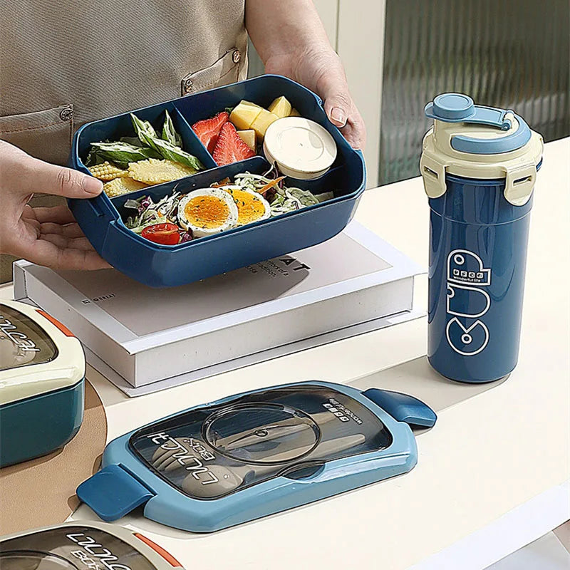 2Pcs Microwave Safe PP Lunch Box Set 750ML Separated Bento Container With 450ML Portable Water Bottle Leak‑Proof Dinnerware