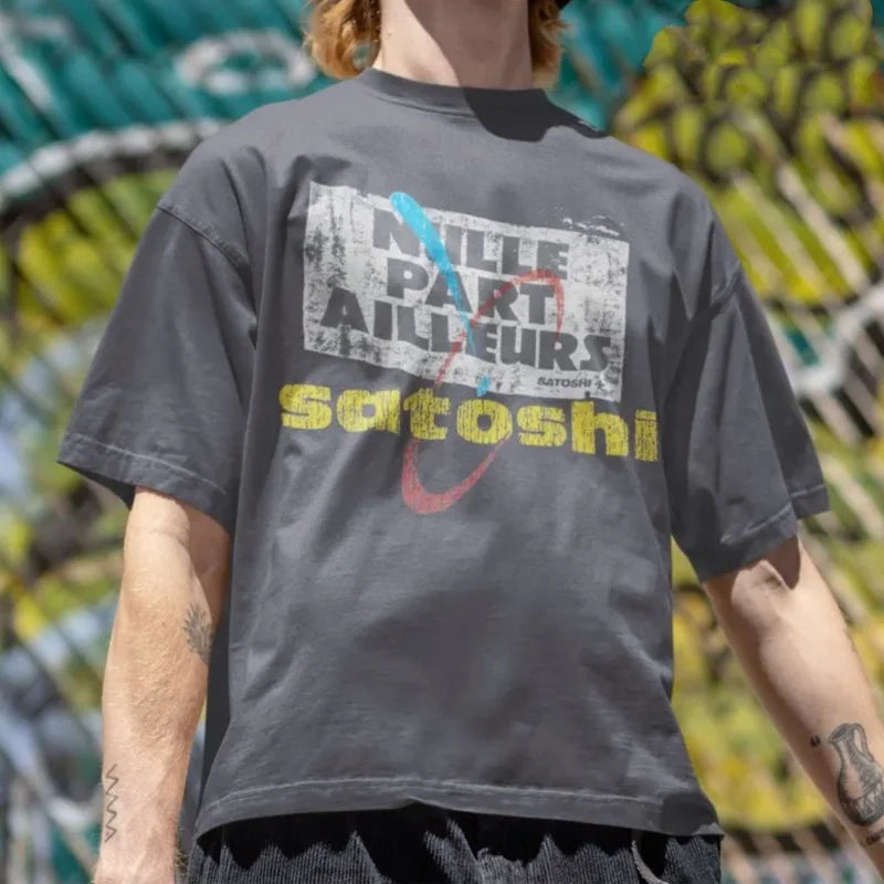 Men Satoshi Nakamoto Vintage Destroyed T-Shirt Oversized Cotton Streetwear Washed Tee